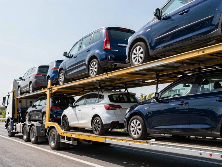 Professional multi-car hauler with several vehicles loaded, bright daylight, low angle, showing secure tie-down straps, on a highway