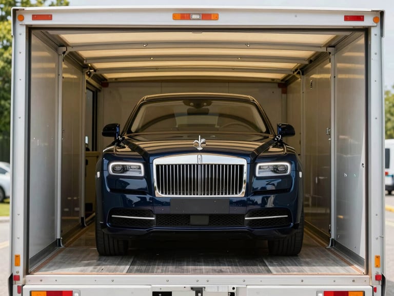 Luxury vehicle inside a clean, enclosed auto transport trailer, secure tie-down straps visible, sharp focus, bright natural daylight