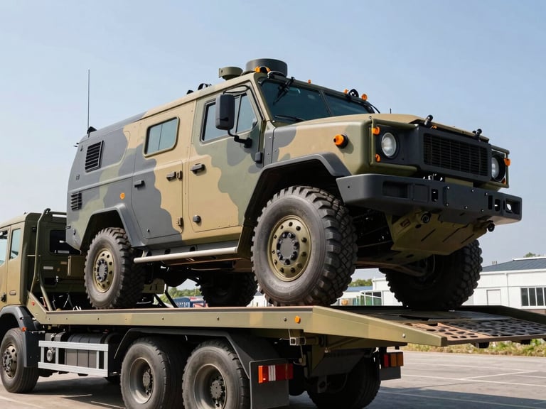 Military vehicle being loaded onto a professional auto carrier, bright daylight, low-angle heroic shot, deep navy and gold tones.