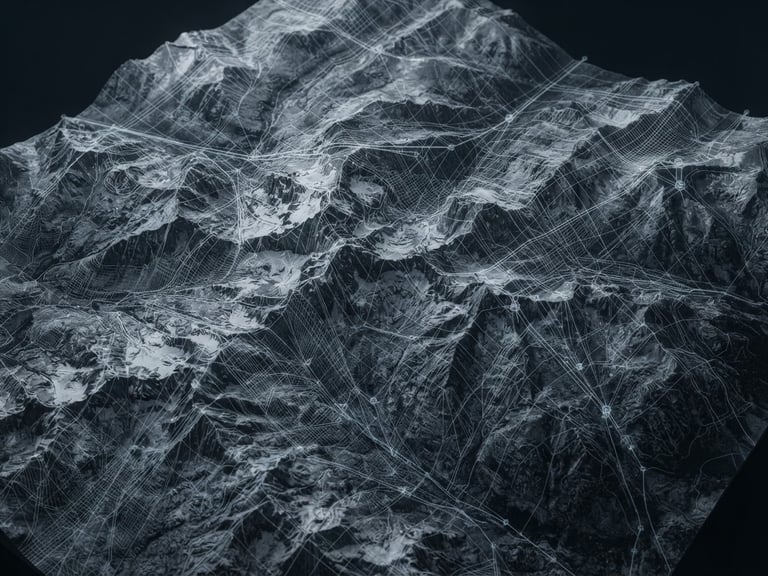 Desaturated high-altitude satellite topography of the Rocky Mountain sector, overlaid with faint structural wireframe schematics, under cold clinical light. Overhead perspective.