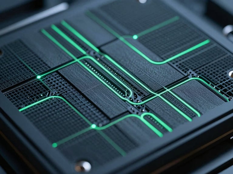 Extreme macro close-up of a quantum computing array, glowing with faint emerald green lines, under high-contrast laboratory light.