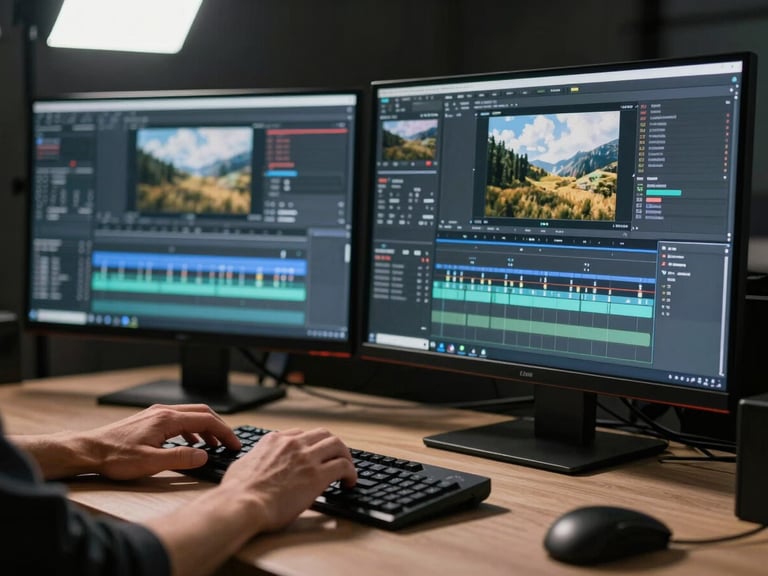 Tight landscape frame of hands at a professional editing timeline — fingers resting on a keyboard, two high-resolution monitors showing footage in the background, hard directional studio light from above casting crisp shadows on the desk surface, no visible face