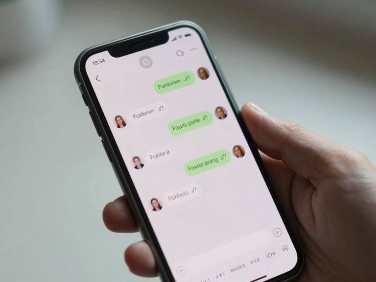 Close-up of a smartphone screen in a practitioner's hand showing a patient messaging thread with automated follow-up responses in a clean chat interface, overcast natural light, tight frame on the device and thumb, clinical neutral background out of focus