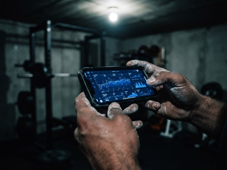 Low-angle close-up of a mobile phone displaying a technical workout interface with cobalt blue charts, held by hands with chalked fingers in a dark, moody home gym.