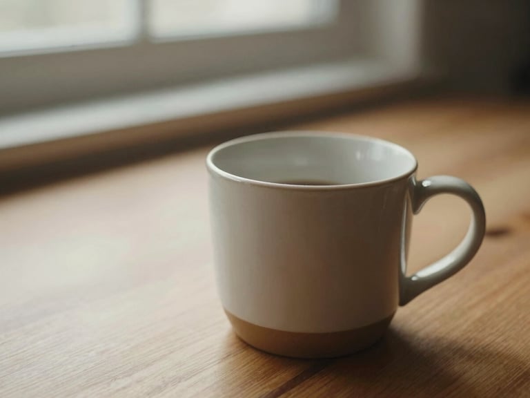 A close-up of a warm ceramic mug resting on a wooden table, soft window daylight casting gentle shadows, muted earth tones, shallow depth of field