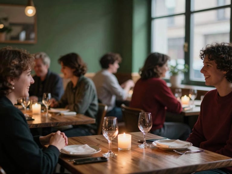 A cozy Scandinavian-style restaurant dining room at dusk, soft warm candle light, guests laughing in soft focus, 35mm