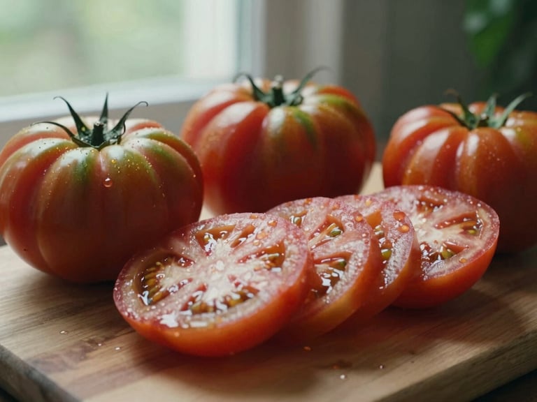 Close-up of fresh heirloom tomatoes sliced on a wooden board, soft natural window light, forest green accents, 35mm