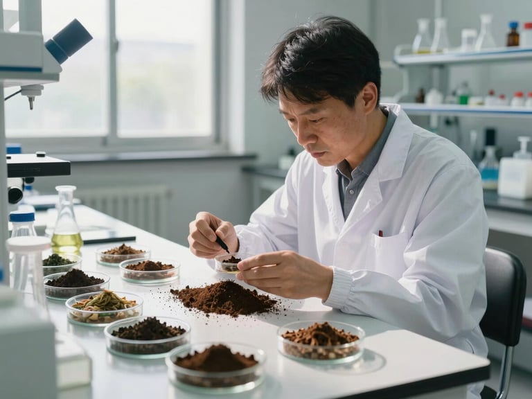 A modern agricultural laboratory setting with a researcher in a white coat analyzing soil samples under natural window light, surrounded by petri dishes and organic soil samples.