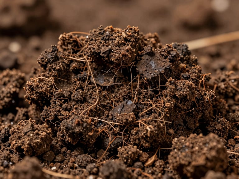 Macro close-up of rich, dark, crumbly soil structure full of organic matter, held under soft morning light, showcasing excellent aggregate stability and root penetration.