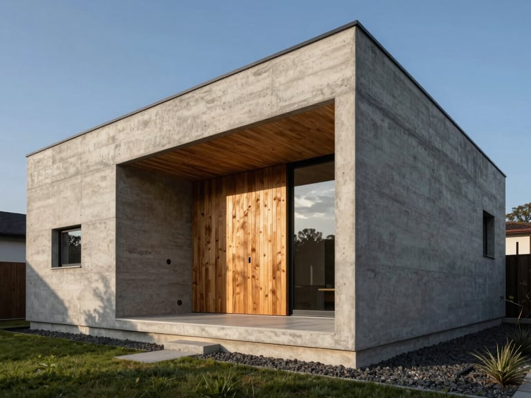 Architectural photography of a completed custom concrete and timber home exterior, dramatic afternoon sunlight casting sharp lines, rich raw textures.