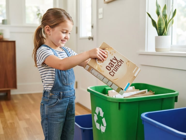 Bright natural daylight photo of a child placing a clean cardboard cereal box into a bright green recycling bin, eye-level medium shot.