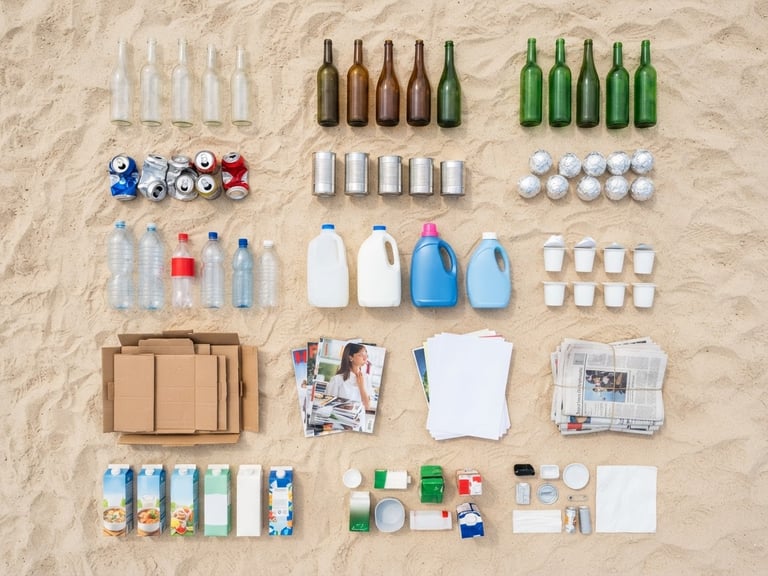 Top-down flatlay of clean household recyclables sorted into distinct neat groups on a light warm sand surface, crisp daylight