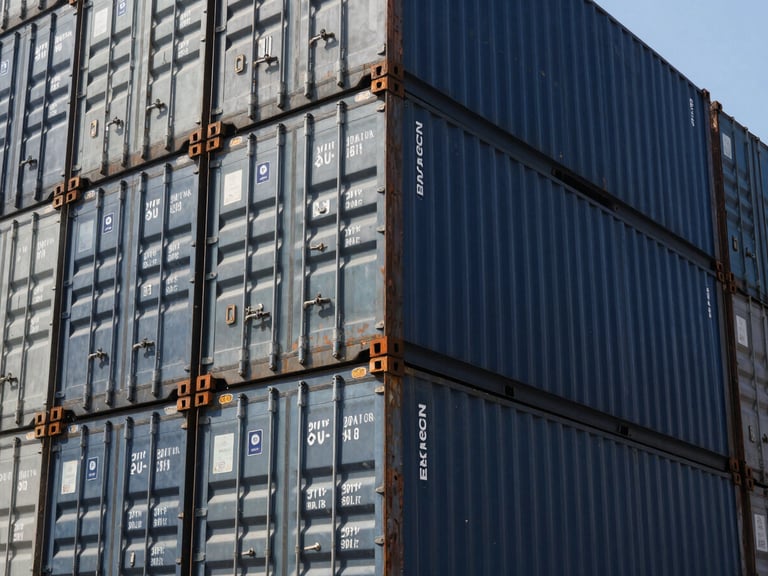 Low-angle architectural shot of stacked dark blue and grey shipping containers in a port depot under sharp daylight, industrial steel texture