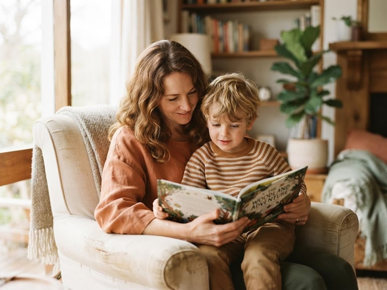 Fotografia editorial calorosa de mãe e filho lendo um livro juntos em uma sala ensolarada, luz natural suave, tons de terra suaves