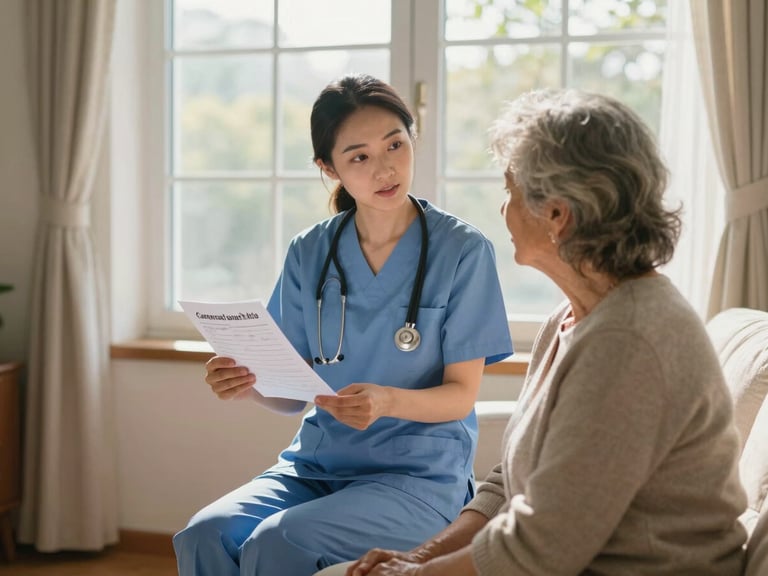 Medium shot of a nurse in a home setting reviewing a printed care plan document with an elderly female patient seated in a chair by a sunlit window — warm natural light, attentive posture, calm and unhurried atmosphere