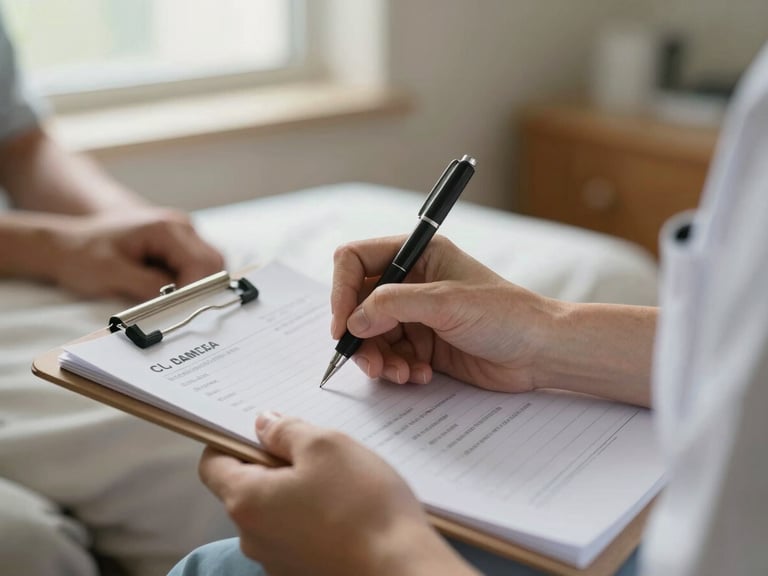 Close-up of a nurse's hands writing clinical notes on a clipboard, warm window light falling across the page, a patient's hand resting on a bedcover softly visible in the background — documentary warmth, shallow depth of field