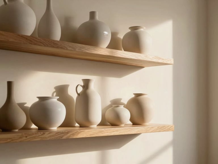 Close-up of a warm cream wall with a floating oak shelf holding curated ceramic vessels, soft morning light, clean lines, elegant styling.