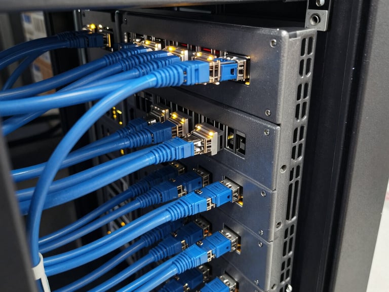 Close-up of a structured server rack with neatly organized blue ethernet cables and glowing switches, professional network installation, crisp details