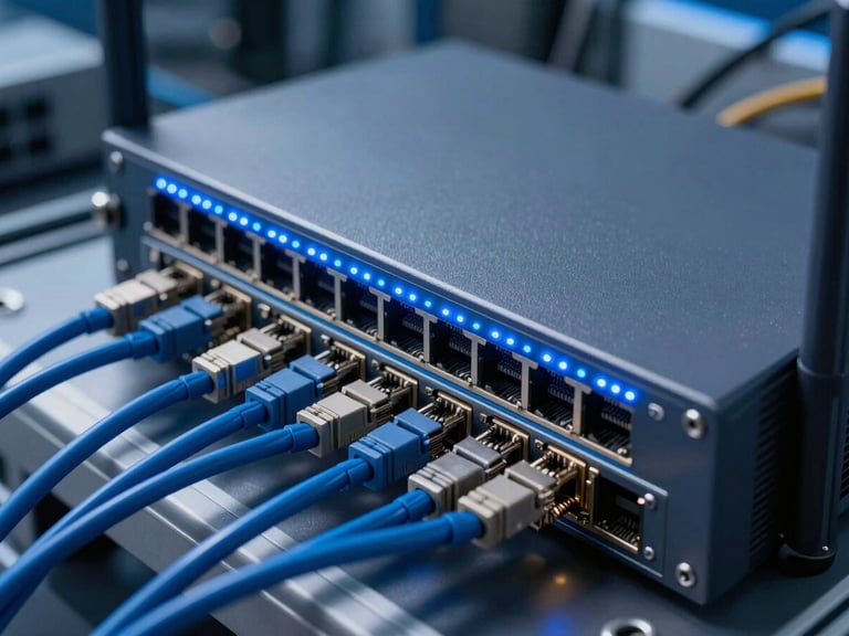 Close-up of a high-performance enterprise network router with glowing blue LED indicators, organized ethernet cables, dark technical environment, crisp details, modern editorial technology photography.