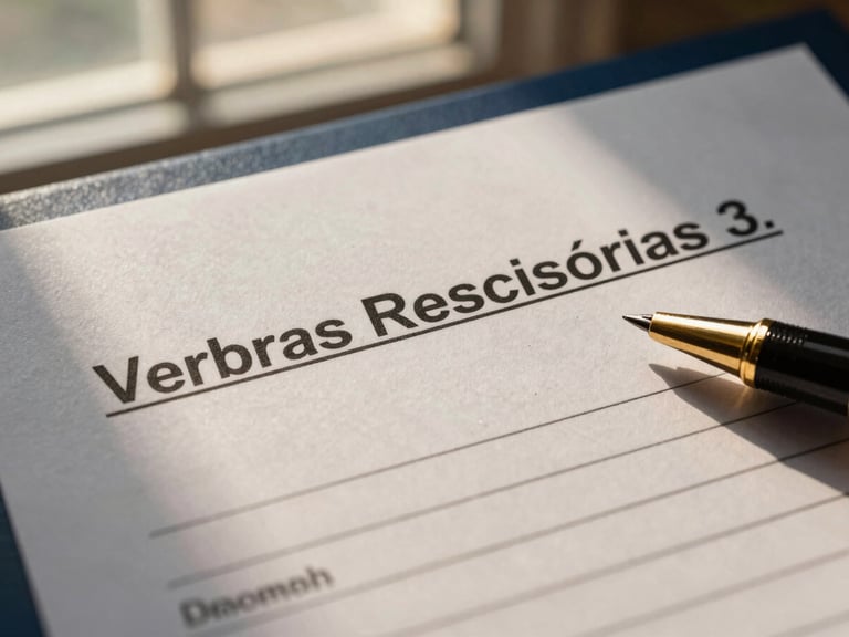 Close-up of a legal document highlighting 'Verbas Rescisórias' with a pen, warm natural window light, deep navy and gold tones, shallow depth of field, 35mm