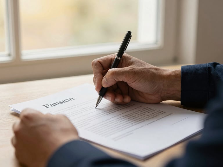 Close-up of a person's hands signing a pension document, warm natural window light, deep navy and gold tones, shallow depth of field, 35mm