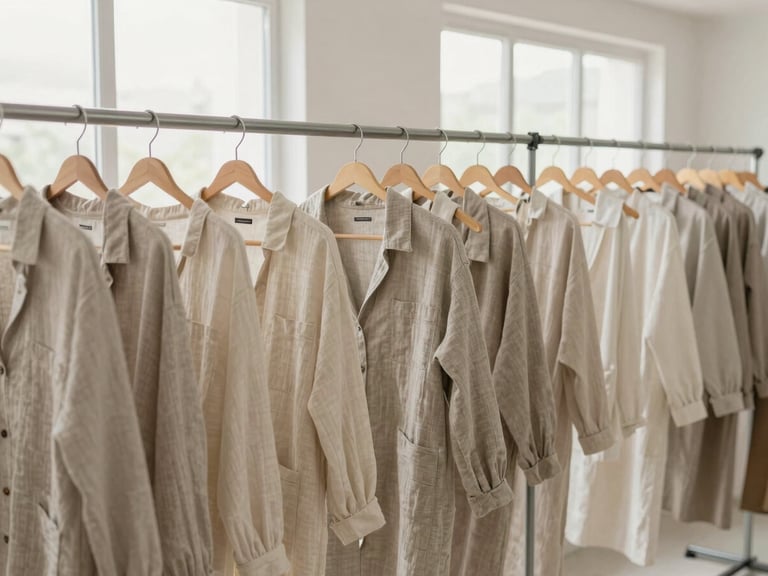 Wide panoramic view of a clean, organized apparel workshop in New Delhi, bright natural light streaming through large windows, minimalist racks of neutral linen garments, no clutter