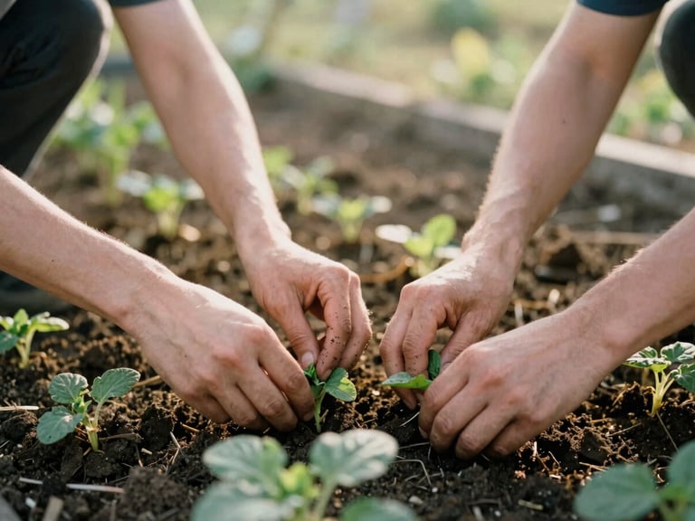 Hands working together in a community garden, tending to plants, focus on shared effort, golden hour light.