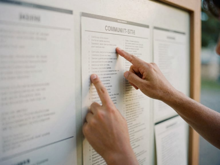 Close-up of a person checking a community notice board, hands pointing to an entry, natural light, focus on connection.
