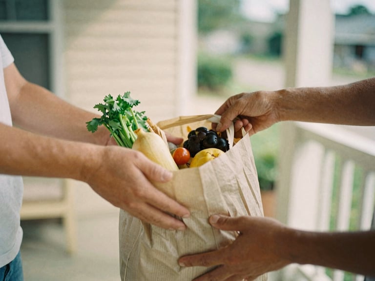 Candid close-up of hands exchanging a bag of fresh groceries on a porch, natural daylight, shallow depth of field.