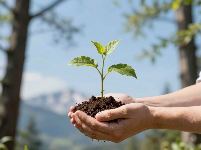 Hands holding a young green sapling with soil, planting it in a sun-dappled Lombardy woodland, bright natural daylight.