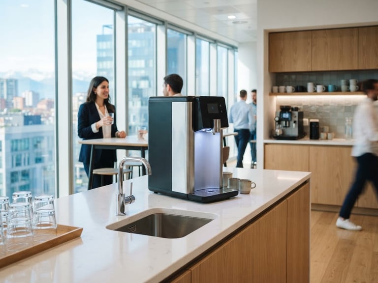 A professional water dispenser in a bright modern office kitchen in Lombardy, natural morning light, a person in the background holding a glass, editorial photography style.