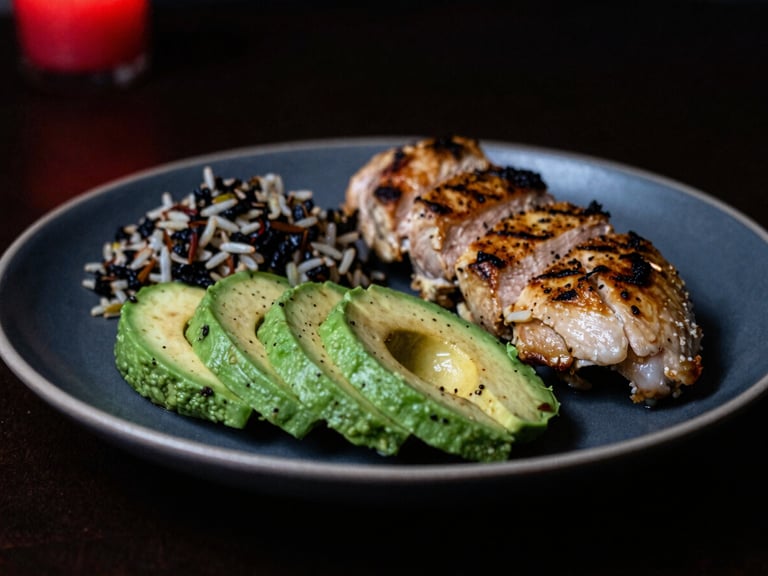 Moody close-up shot of a clean, macro-balanced meal with sliced avocado, grilled chicken, and wild rice under dramatic low-key lighting, 35mm film
