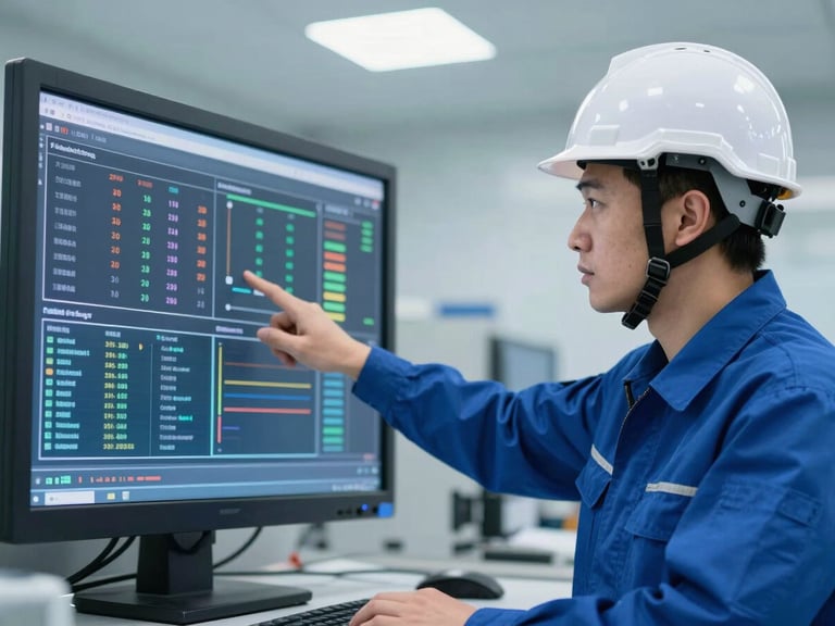 Close-up of a high-tech manufacturing control room, a professional engineer in clean blue uniform and white helmet pointing at safety metrics on a digital screen, bright modern lighting.