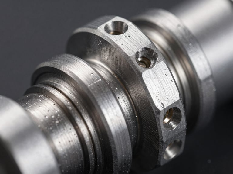 Macro close-up of a high-precision machined aluminum mechanical joint, visible toolpaths, clinical studio lighting, sharp focus on clean metallic edges.