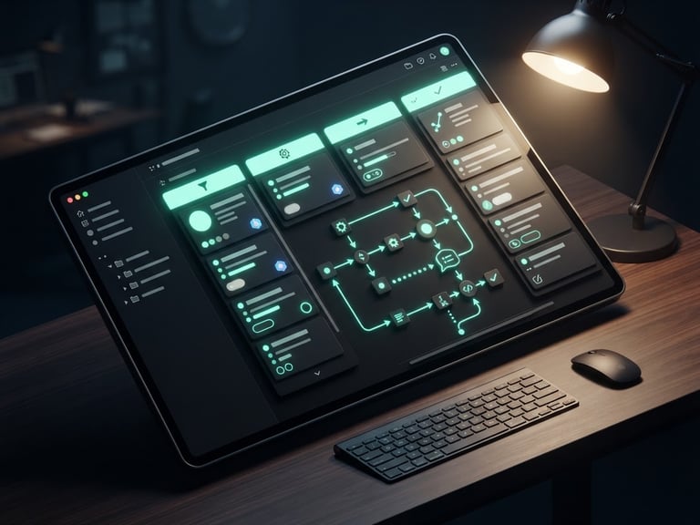 Sleek 3D render of a Notion template interface on a dark mode screen, showing database schema and workflow automation, crisp neon mint accents, clean isometric perspective, overhead desk setup with a single focused light source, no text.