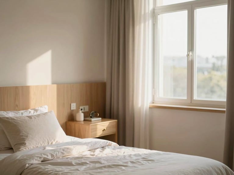 Warm editorial photography of a modern, sunlit maternity room, comfortable wooden accents, soft natural window light, tranquil atmosphere.