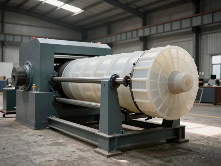Wide environmental shot of a massive industrial plastic extruder on a concrete warehouse floor, harsh overhead skylight casting sharp shadows, 35mm documentary photography.