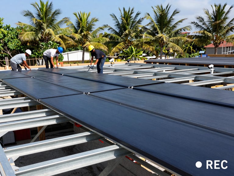 A simulated security camera feed view of an active construction site, showing workers installing roofing sheets on steel trusses, overlay timecode and REC indicator in corner, bright tropical daylight