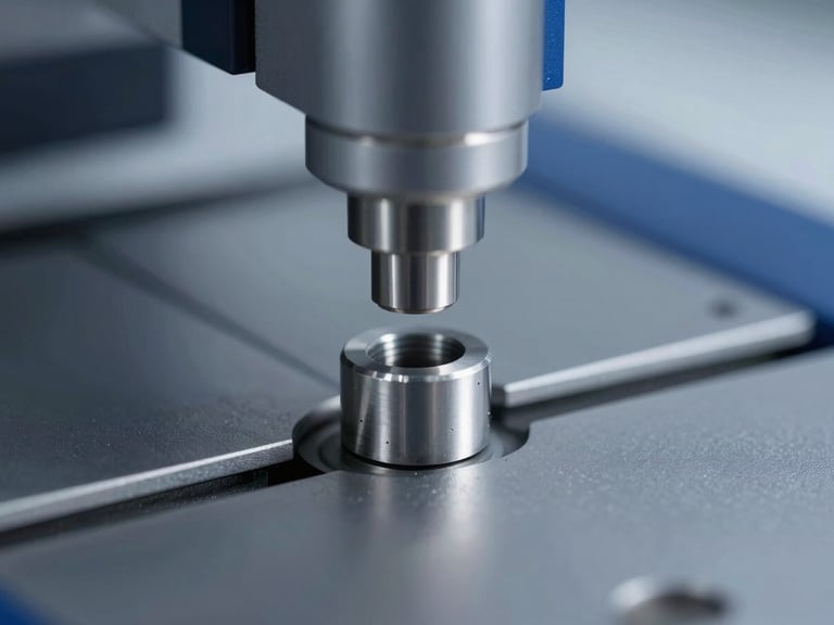 Macro shot of a material testing machine performing a scan on a small, precisely machined metal component, industrial lab setting, crisp, high-contrast lighting.