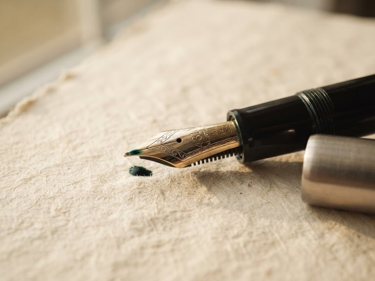 A close-up of a classic fountain pen nib resting on heavy textured cream paper, soft natural window light casting gentle shadows, elegant and quiet editorial atmosphere.
