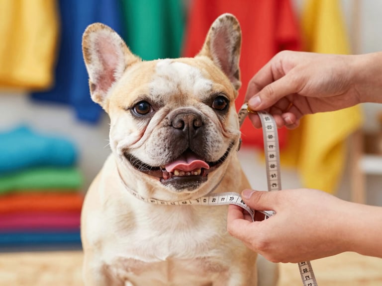 Close-up of artisan hands carefully measuring a happy small French Bulldog with a soft tape measure in a bright, colorful workshop, vibrant fabrics in the background