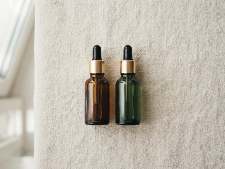 Overhead minimalist flat-lay of glass dropper bottles on a textured soft cream surface, soft natural window light, muted emerald tones
