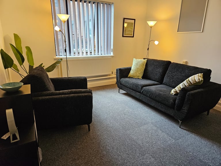 Modern therapy room with a dark grey sofa and armchair on grey carpet floor.