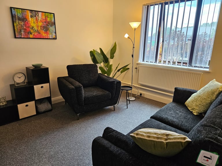 Modern cozy therapy room featuring dark fabric armchairs, colorful wall art, and indoor plants by a window.