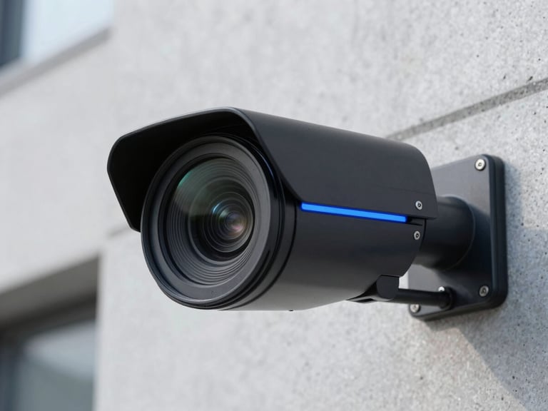 Macro close-up of a sleek black outdoor security camera lens catching cool daylight, mounted on a clean concrete wall, professional cable management visible