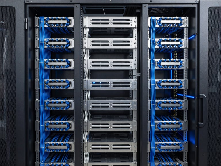 Symmetrical architectural view of a clean server rack in a modern server room, structured blue and white Cat6 cabling perfectly combed, subtle blue LED glow