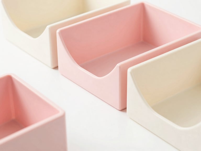 Bright high-key flat-lay photography of pastel pink and cream desk organizers under diffused morning light, 35mm
