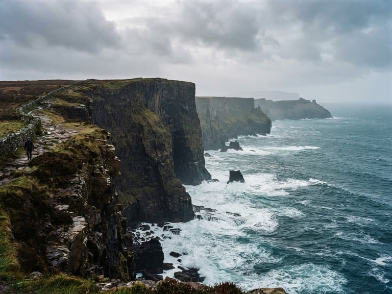 Wide panoramic landscape of Horn Head cliffs in Donegal under heavy overcast skies, deep teal Atlantic ocean crashing below, soft misty daylight, moody 35mm film grain style