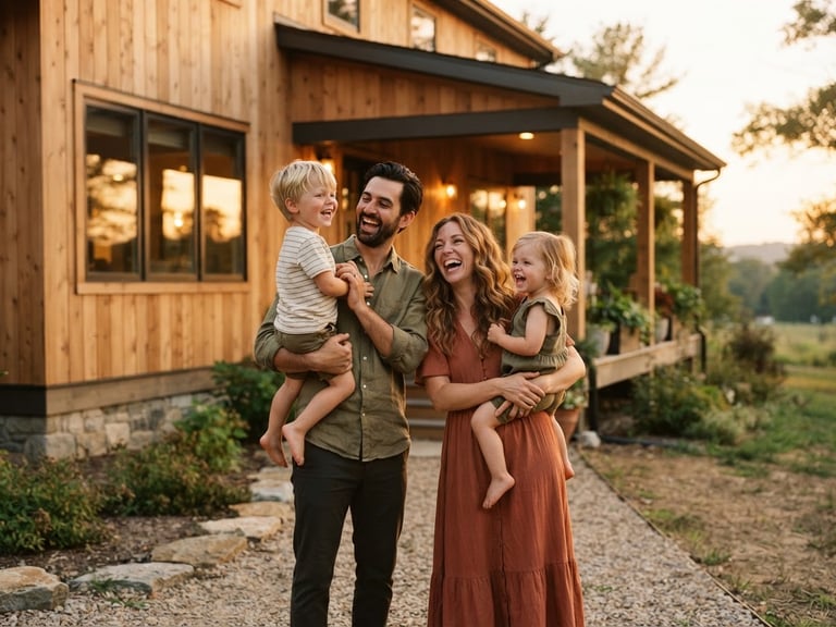 Warm candid photo of a family laughing together in front of their newly completed home, golden hour sunlight reflecting off natural wood siding, 35mm film style.