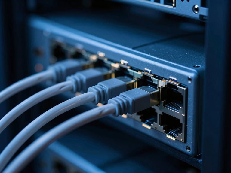 Macro close-up of high-speed network switch interfaces, blinking fiber optic cables, cool low-key studio lighting with blue accents
